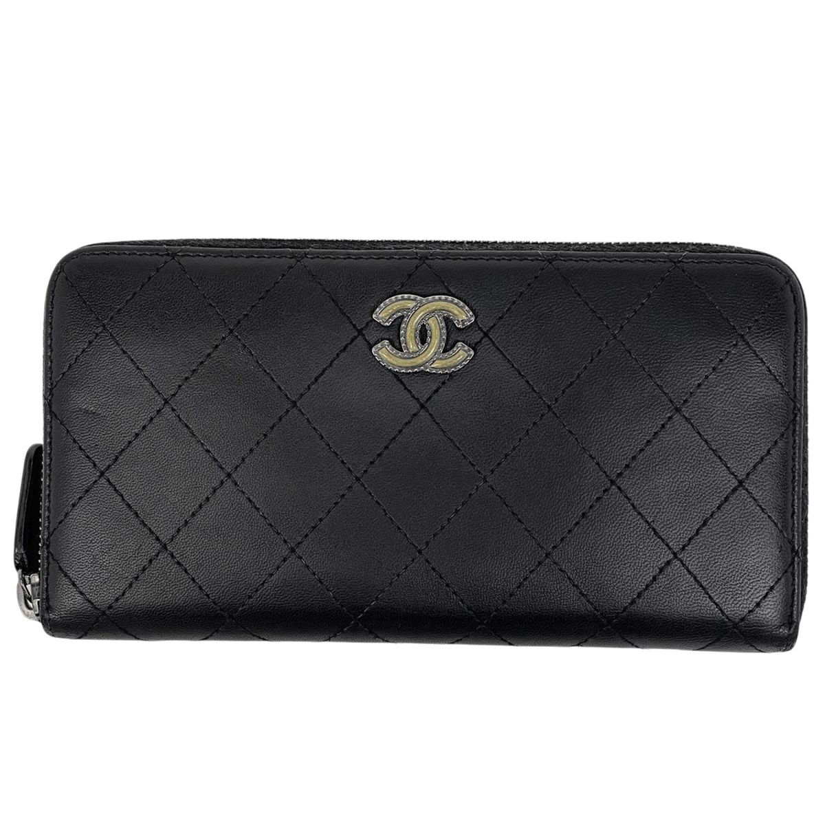 Chanel CC Logo Zip Around Wallet Quilted Leather Black