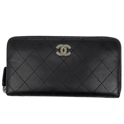 Chanel CC Logo Zip Around Wallet Quilted Leather Black