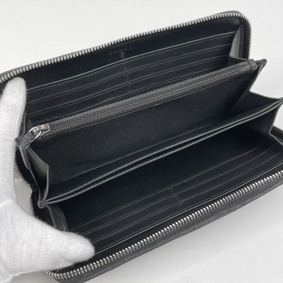Chanel CC Logo Zip Around Wallet Quilted Leather Black — view 6