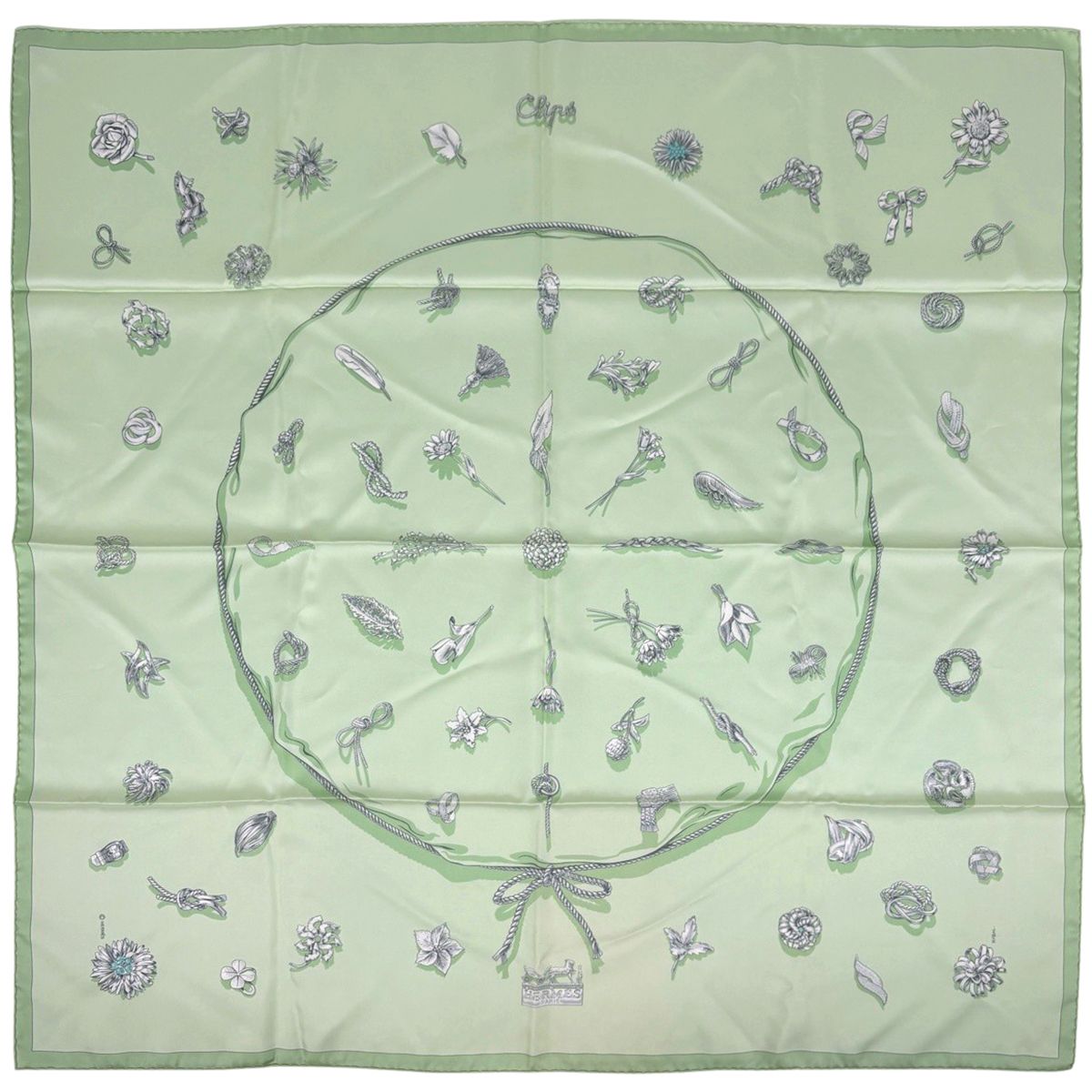 Hermes Carre 90 Clip Scarf Silk Light Green Multicolor