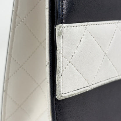 Chanel Logo Chain Shoulder Bag Quilted Leather Navy White — view 4