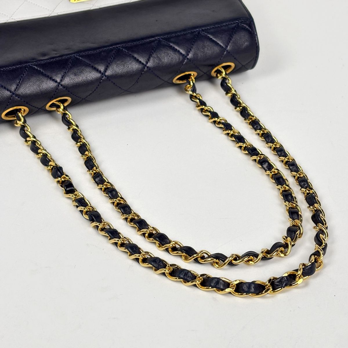 Chanel Logo Chain Shoulder Bag Quilted Leather Navy White — view 7