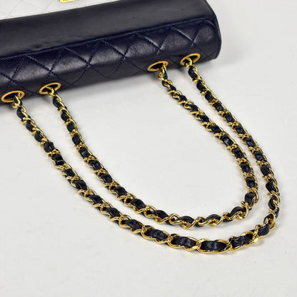 Chanel Logo Chain Shoulder Bag Quilted Leather Navy White — view 7