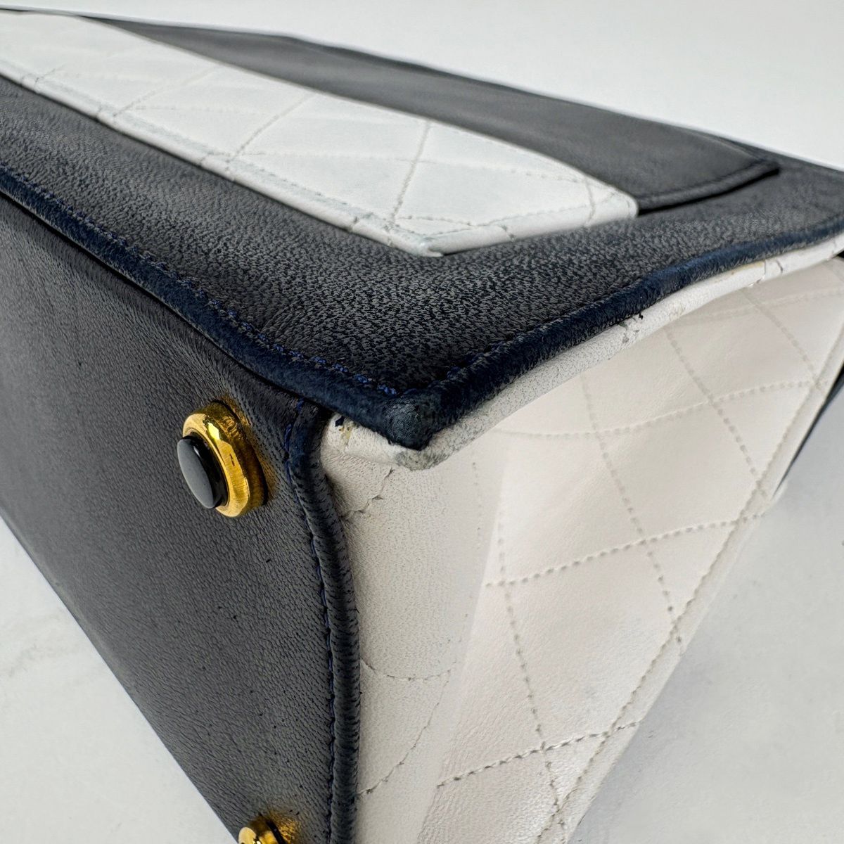 Chanel Logo Chain Shoulder Bag Quilted Leather Navy White — view 3
