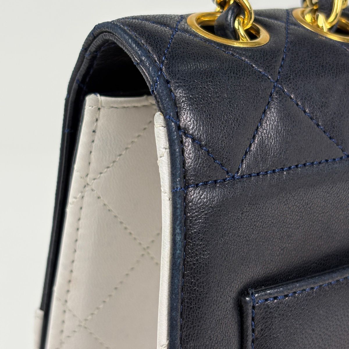 Chanel Logo Chain Shoulder Bag Quilted Leather Navy White — view 5