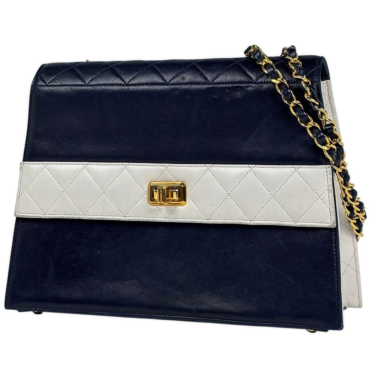 Chanel Logo Chain Shoulder Bag Quilted Leather Navy White