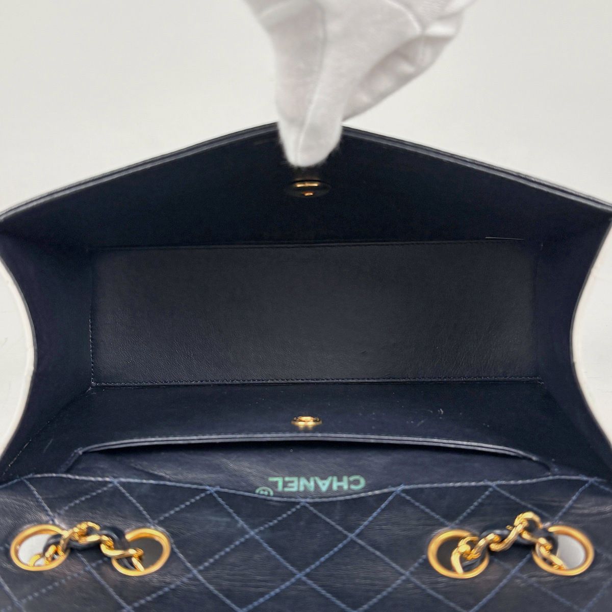 Chanel Logo Chain Shoulder Bag Quilted Leather Navy White — view 9