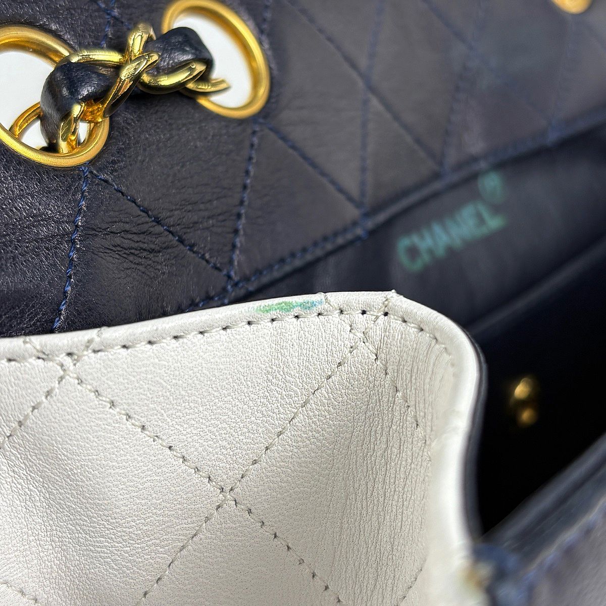 Chanel Logo Chain Shoulder Bag Quilted Leather Navy White — view 6