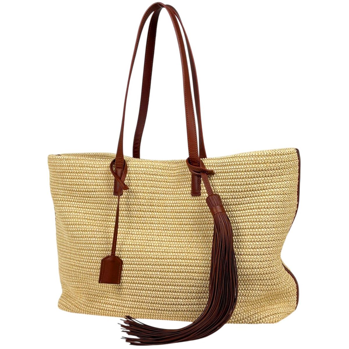 Saint Laurent Paris Tote Fringe Tassel Raffia Beige Brown