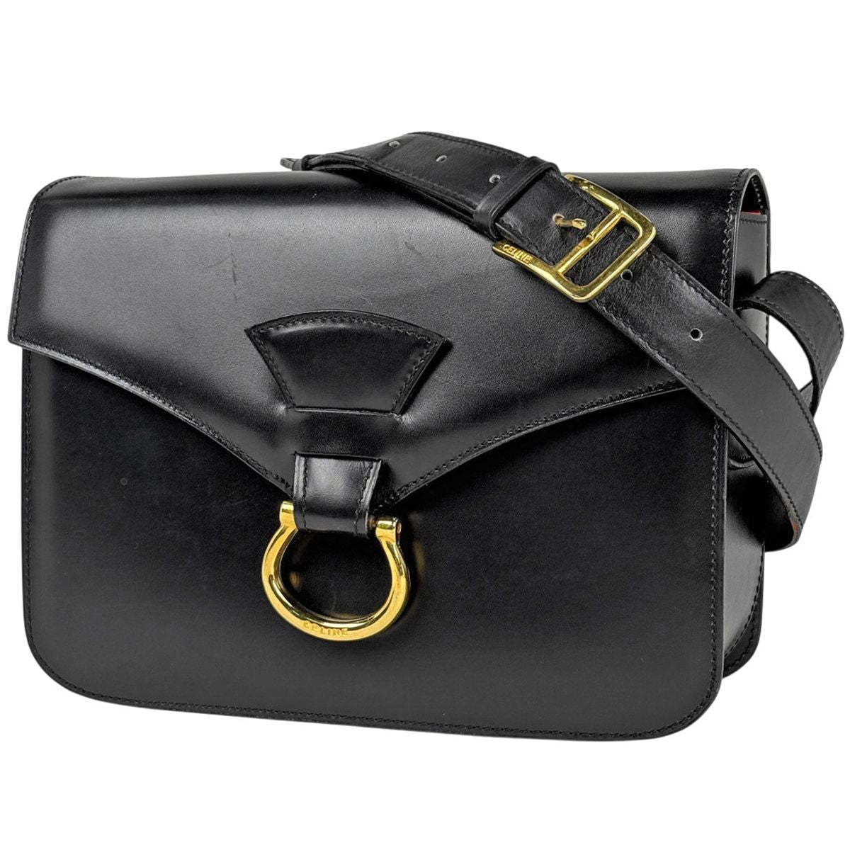 Celine Logo Shoulder Bag Leather Black