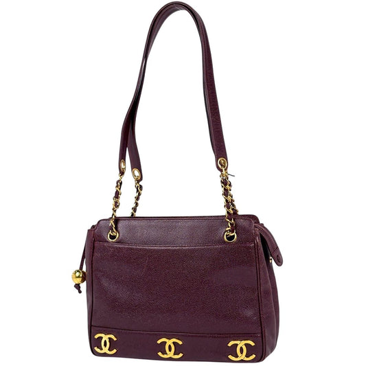 Chanel Triple CC Logo Chain Tote Shoulder Bag Caviar Leather Bordeaux