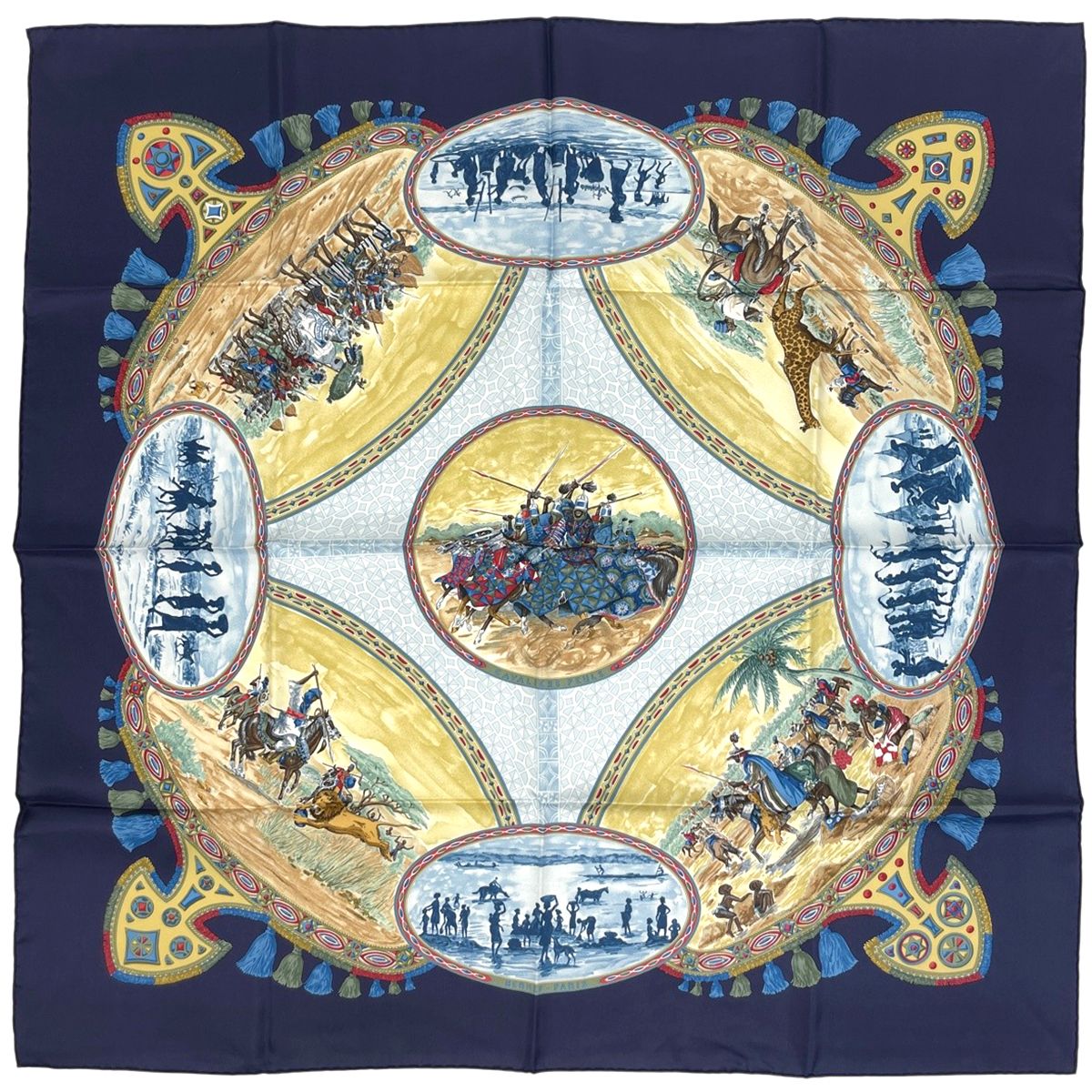 Hermes Carre 90 Cavaliers Peuls Horseman of the Poul Tribe Scarf Silk Navy