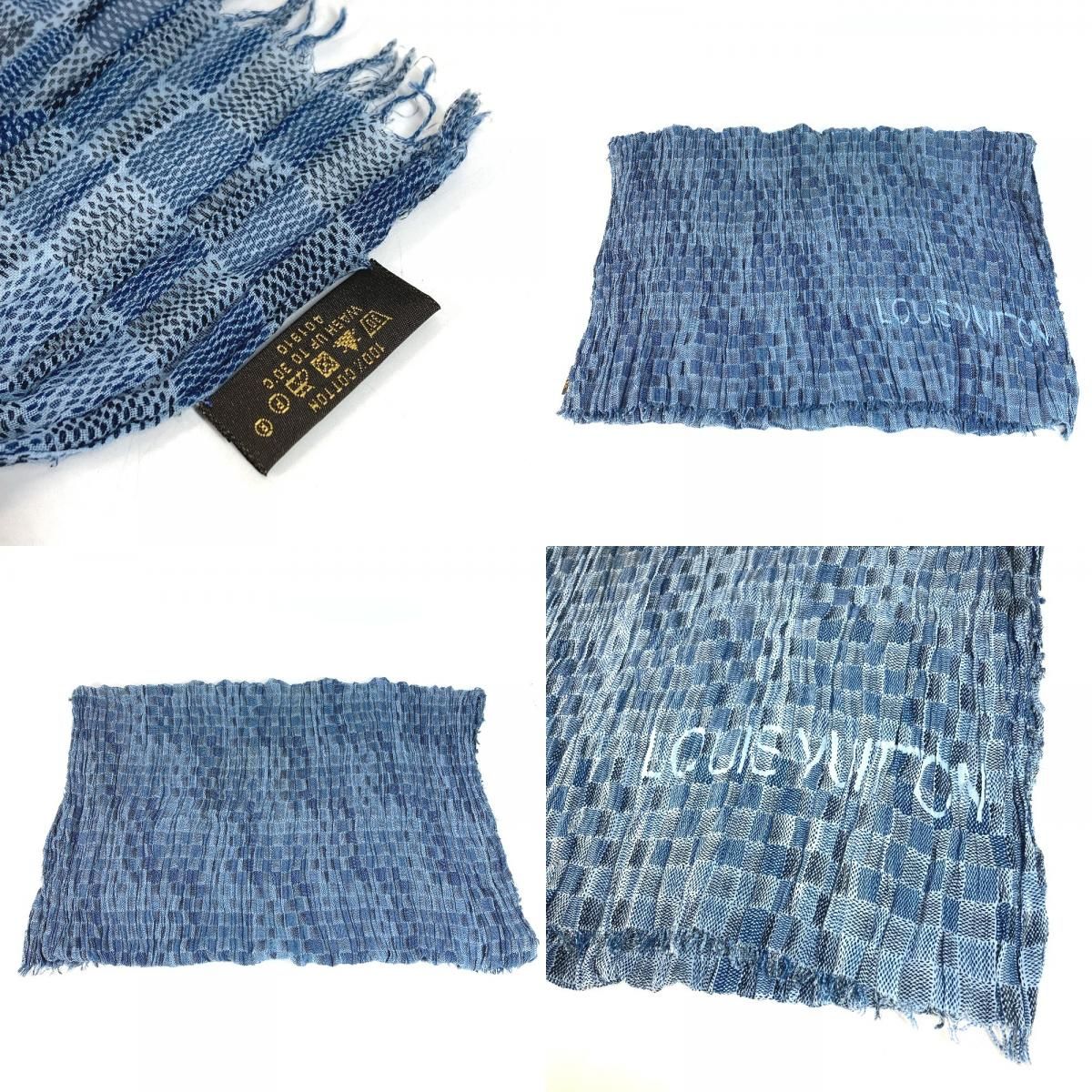 Louis Vuitton Shawl Logo Fringe Cotton Blue Scarf — view 8