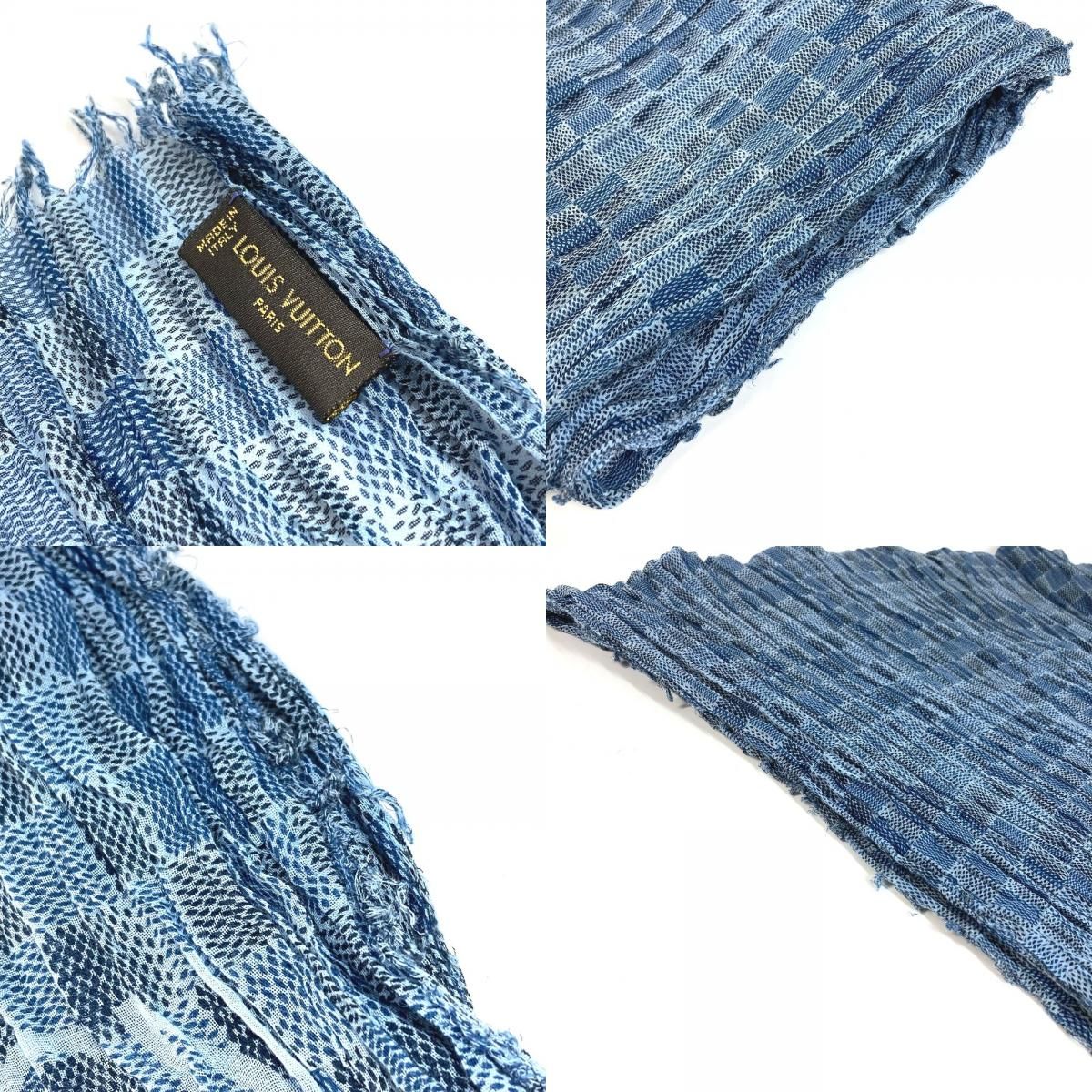 Louis Vuitton Shawl Logo Fringe Cotton Blue Scarf — view 7