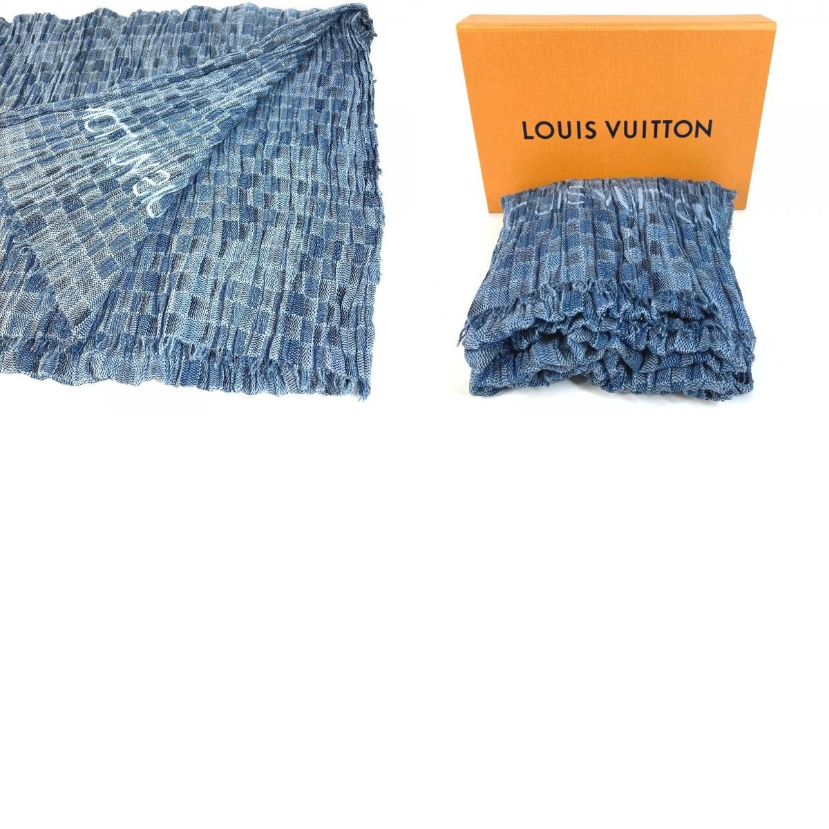 Louis Vuitton Shawl Logo Fringe Cotton Blue Scarf — view 9