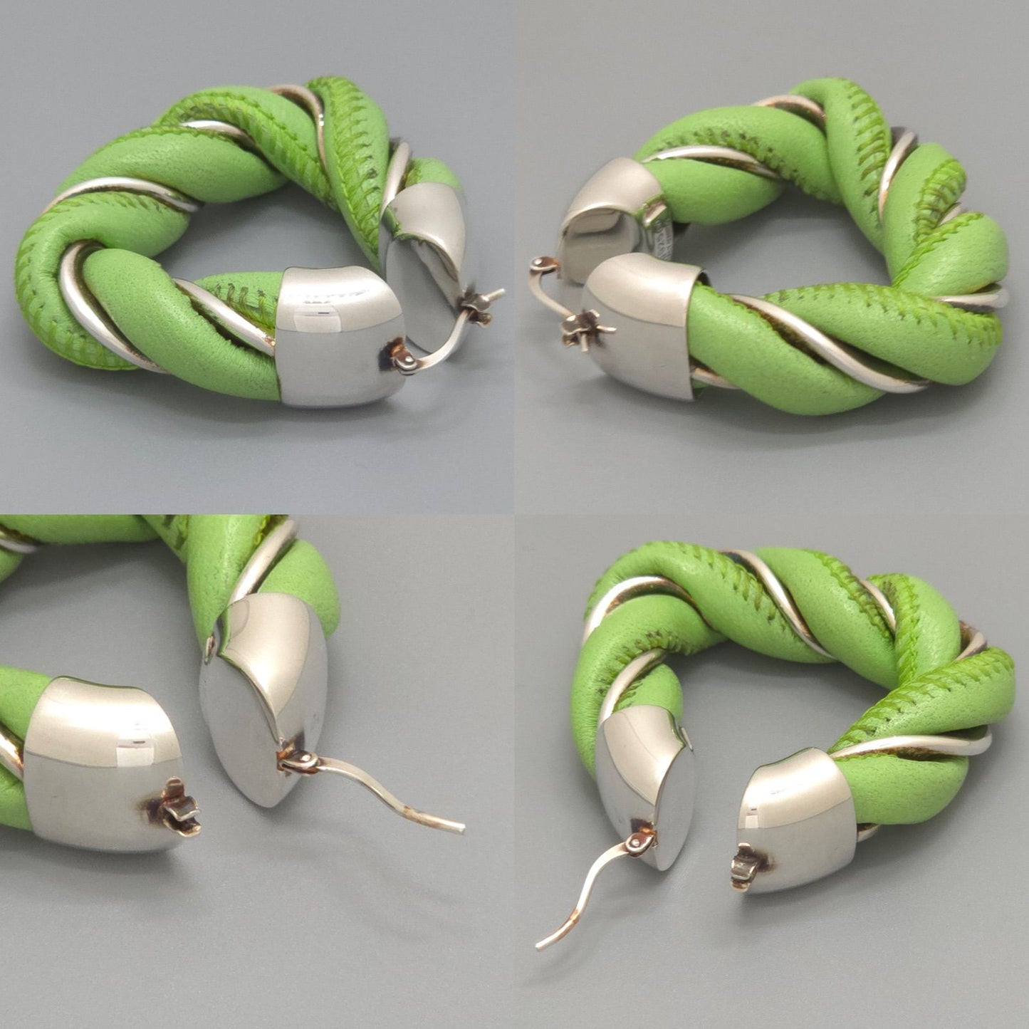 Bottega Veneta Twist Triangle Hoop Earrings Both Ears Leather Light Green Color — view 5