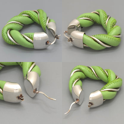 Bottega Veneta Twist Triangle Hoop Earrings Both Ears Leather Light Green Color — view 5