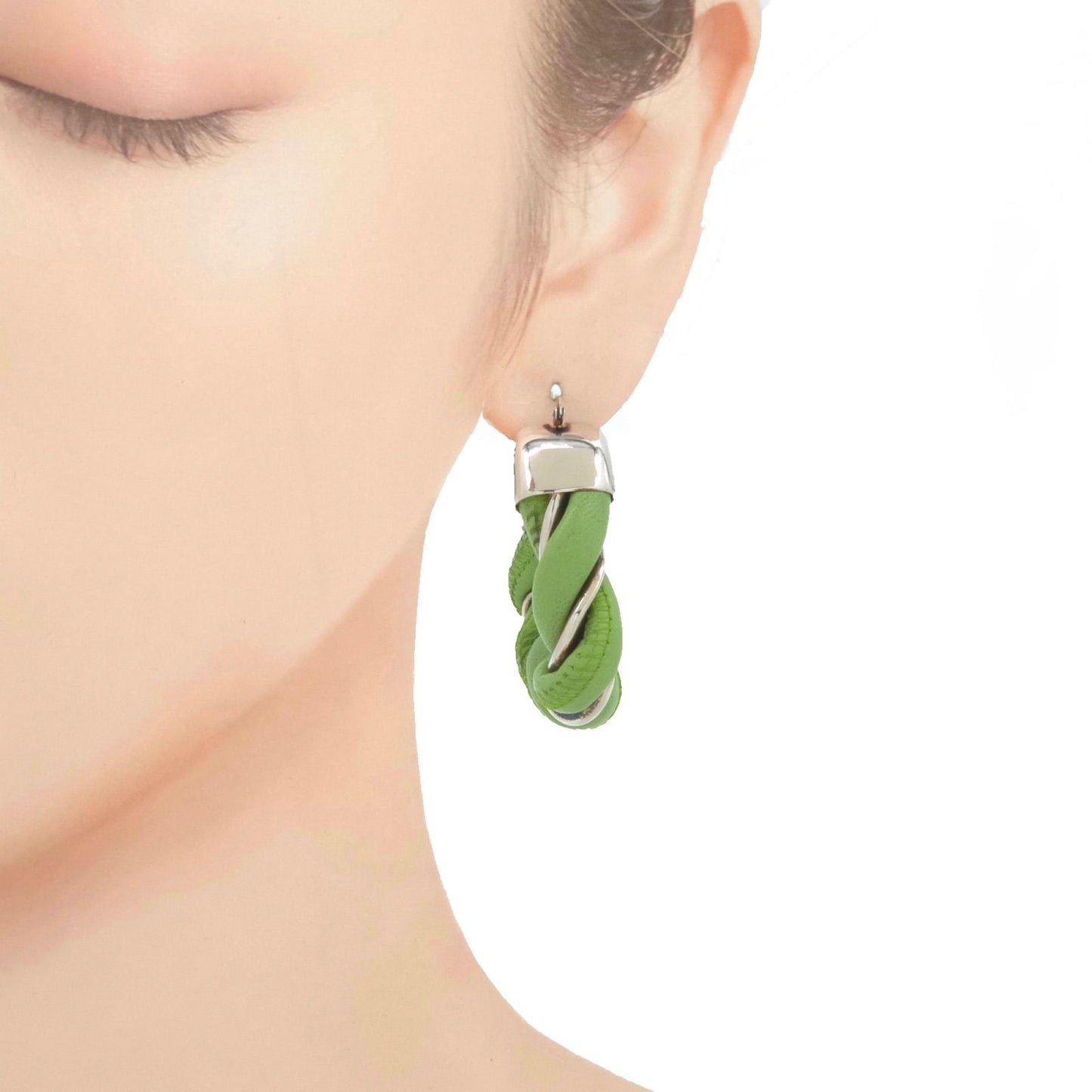Bottega Veneta Twist Triangle Hoop Earrings Both Ears Leather Light Green Color