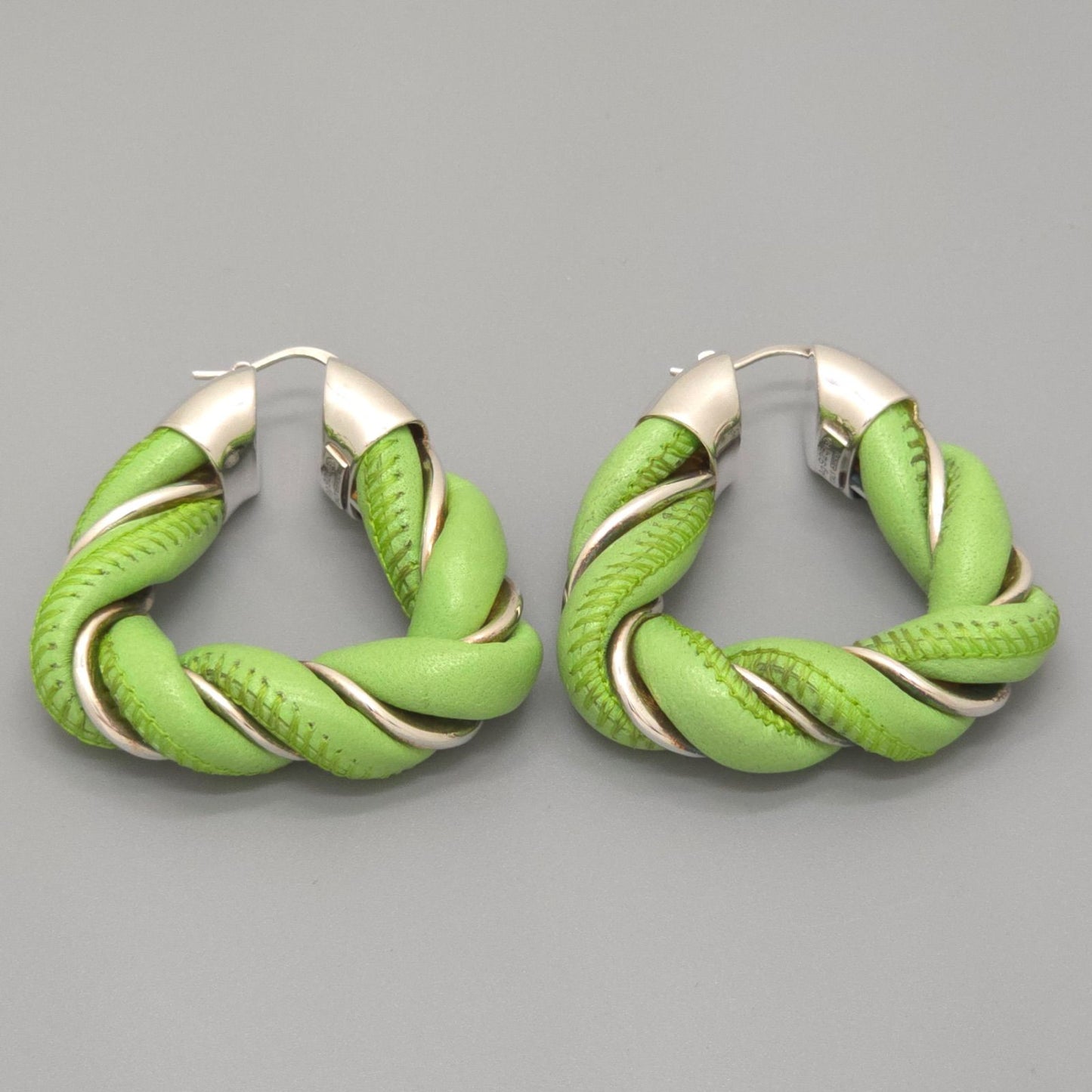 Bottega Veneta Twist Triangle Hoop Earrings Both Ears Leather Light Green Color — view 2