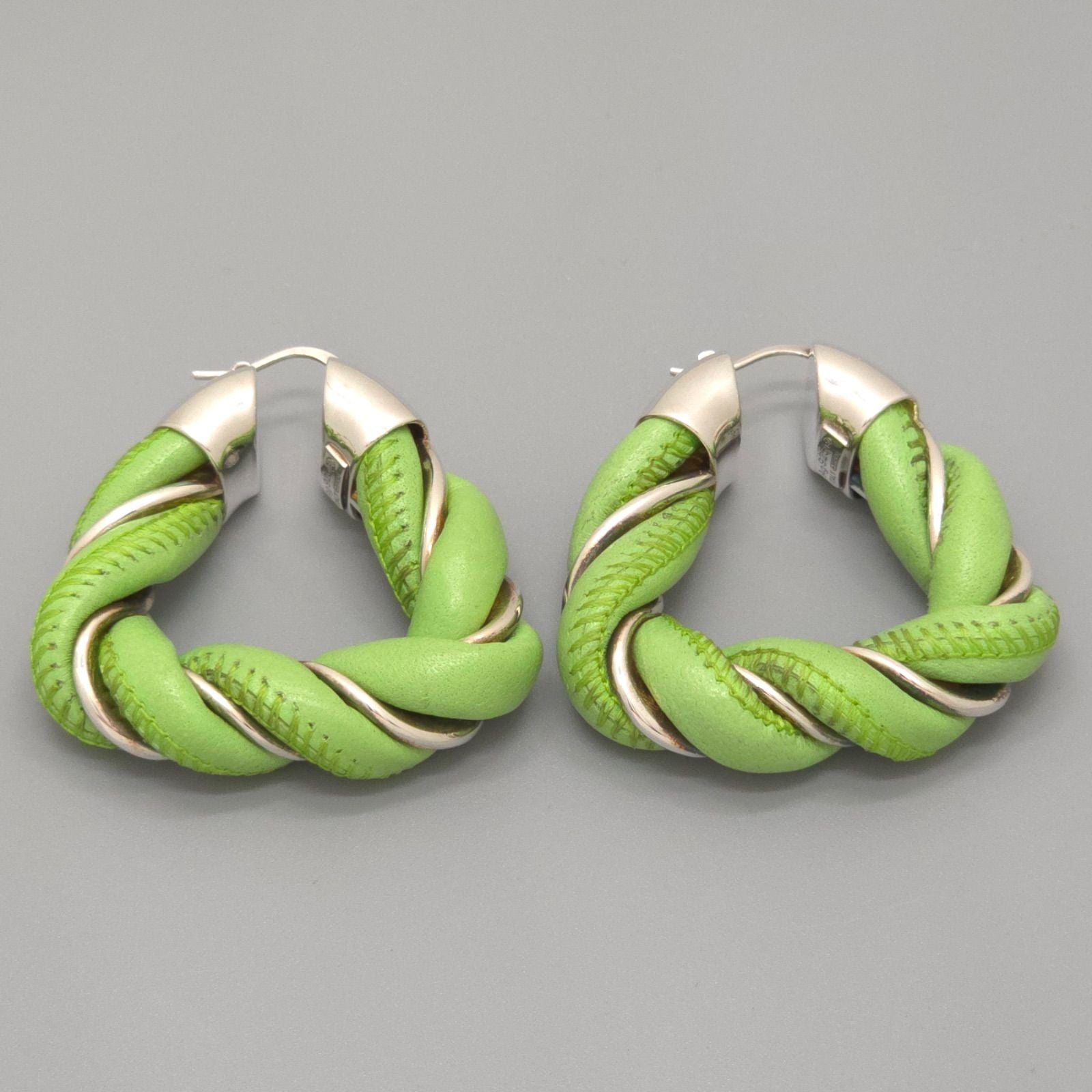 Bottega Veneta Twist Triangle Hoop Earrings Both Ears Leather Light Green Color — view 2