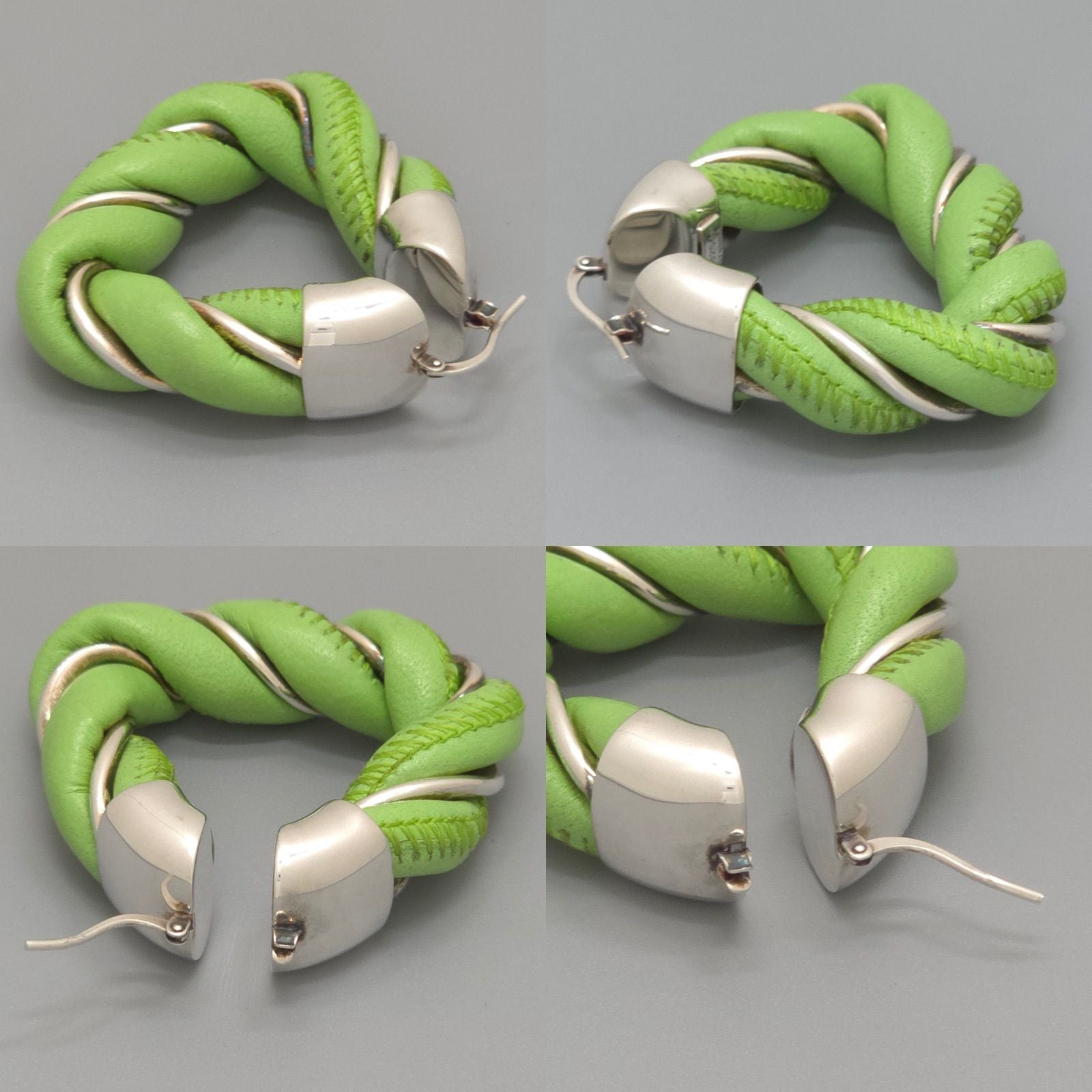 Bottega Veneta Twist Triangle Hoop Earrings Both Ears Leather Light Green Color — view 6