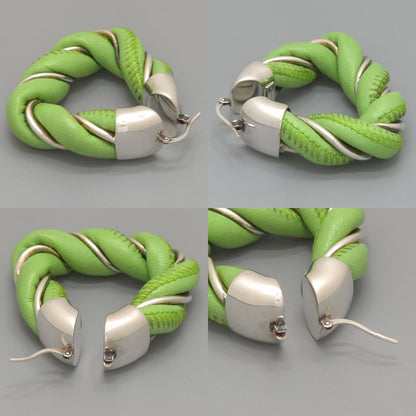 Bottega Veneta Twist Triangle Hoop Earrings Both Ears Leather Light Green Color — view 6