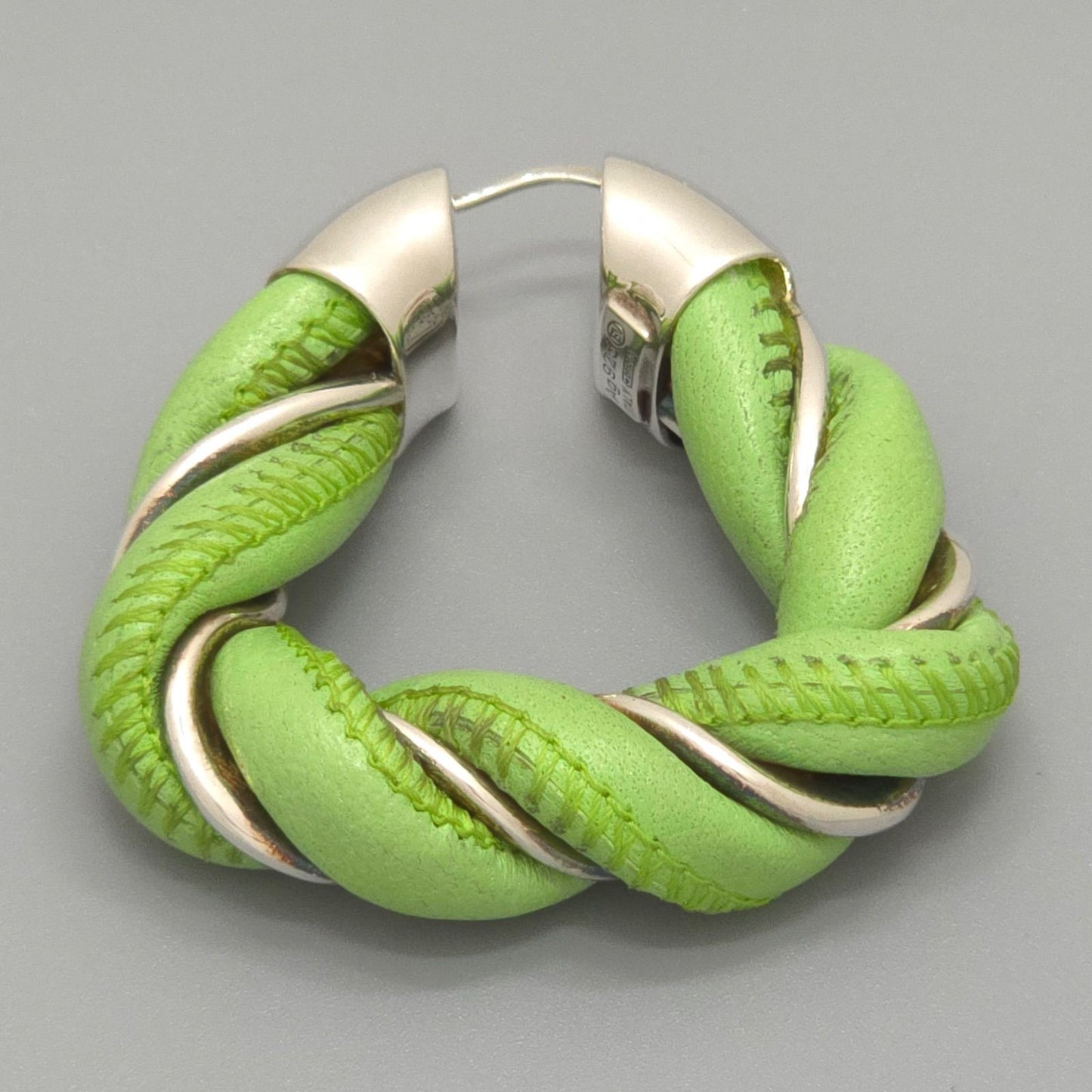Bottega Veneta Twist Triangle Hoop Earrings Both Ears Leather Light Green Color — view 3