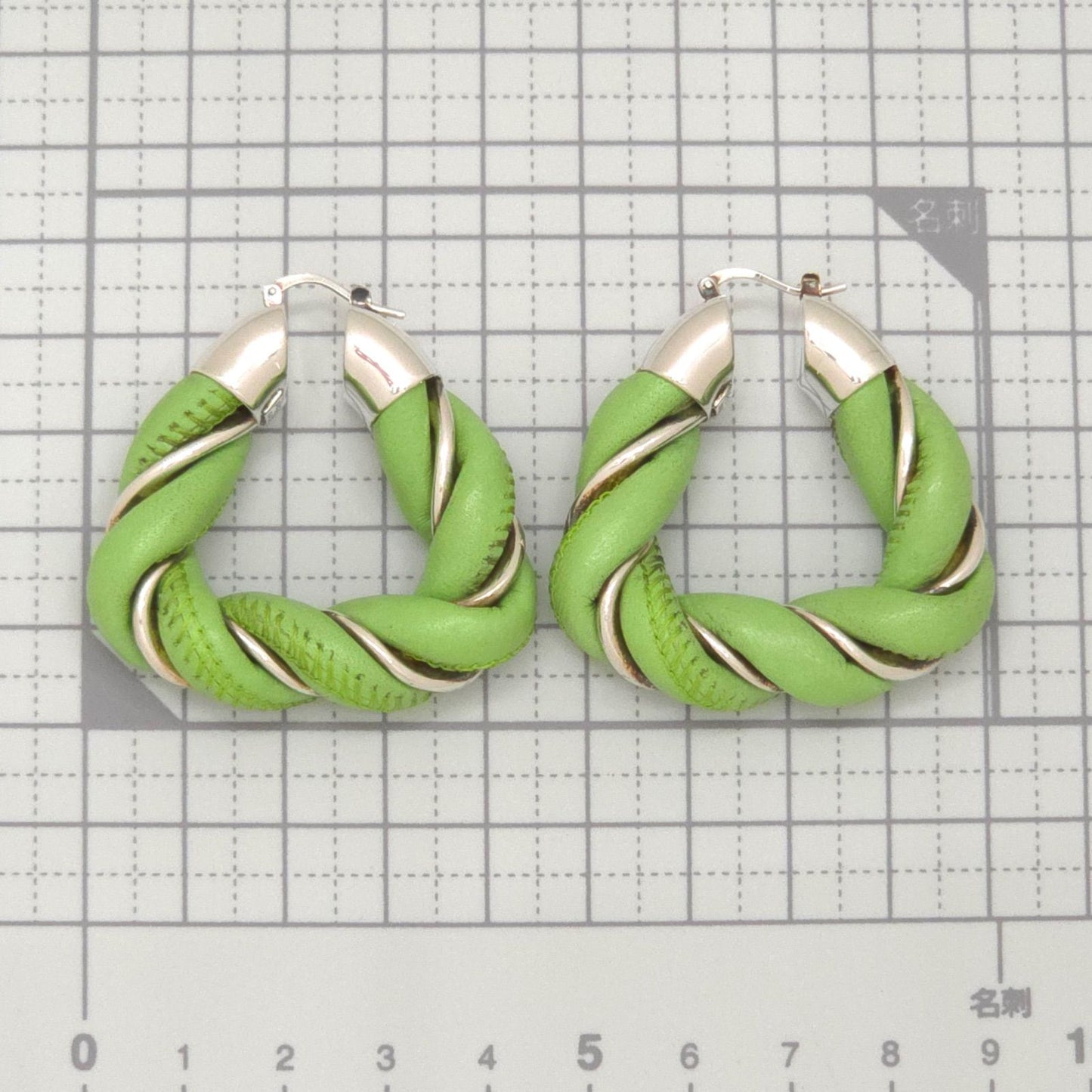 Bottega Veneta Twist Triangle Hoop Earrings Both Ears Leather Light Green Color — view 8