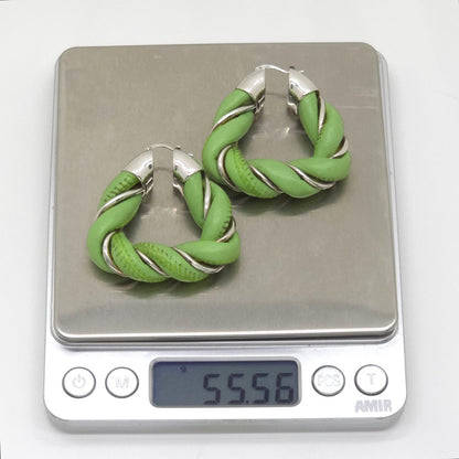 Bottega Veneta Twist Triangle Hoop Earrings Both Ears Leather Light Green Color — view 9