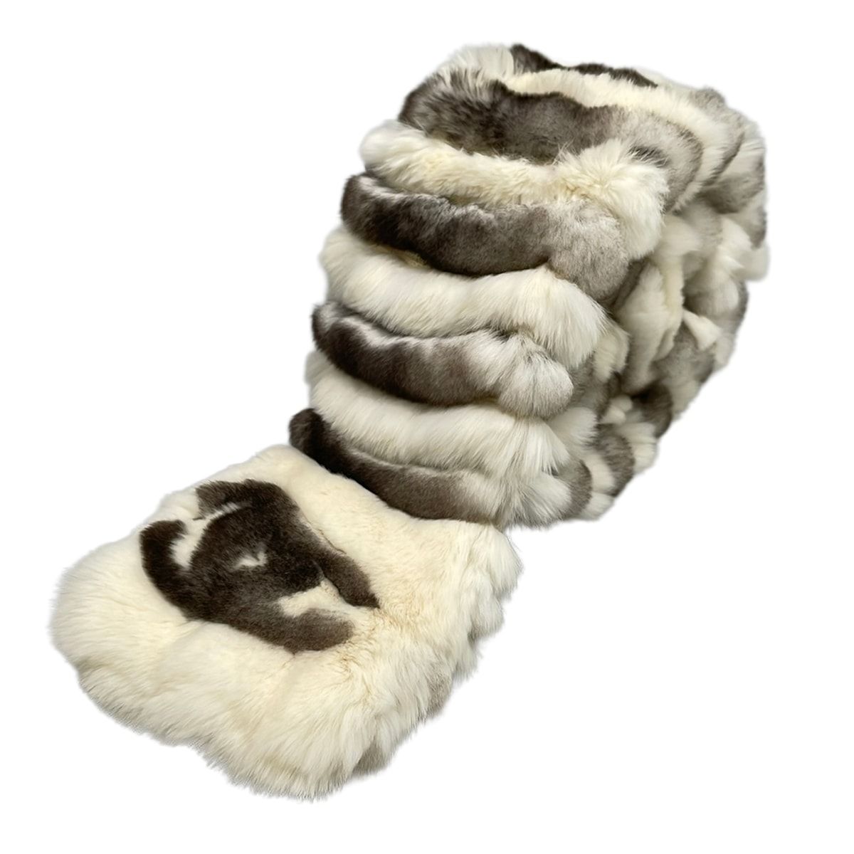 Chanel Scarf White Dark Brown CC Logo Cashmere Fur Rabbit