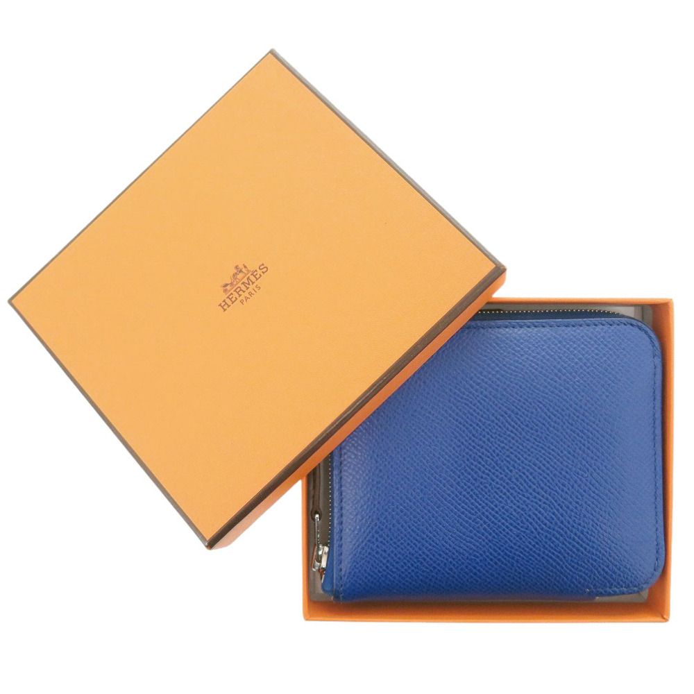 Hermes Azap Silk in Compact Veau Blue France Saffiano Silver Coin Case — view 2