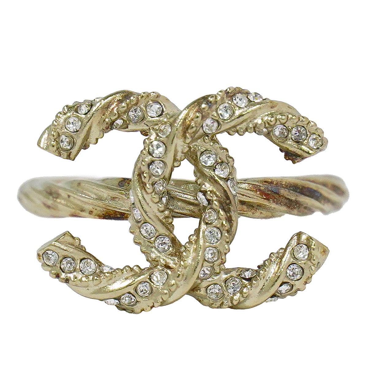 Chanel CC Logo Rhinestone Ring Gold Plated