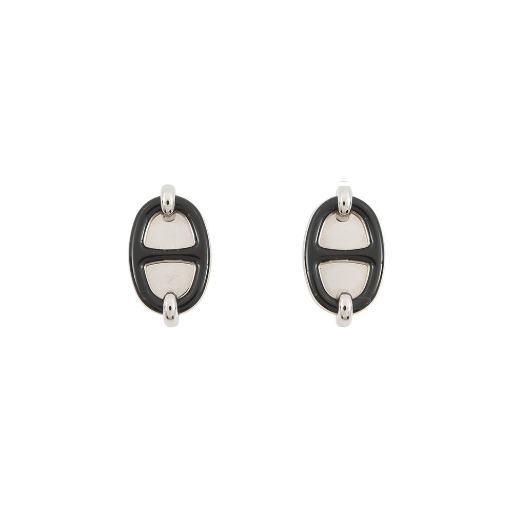 Hermes Earrings Mini Maillon Black Silver