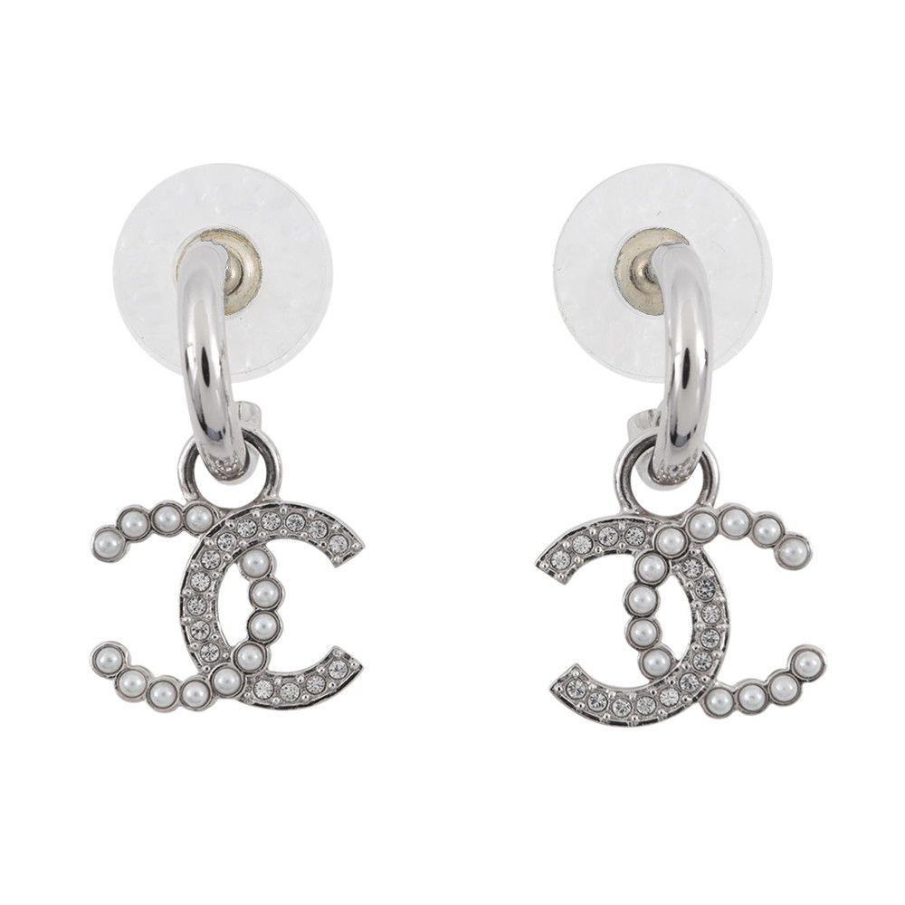 Chanel Earrings CC Logo Rhinestone Faux Pearl