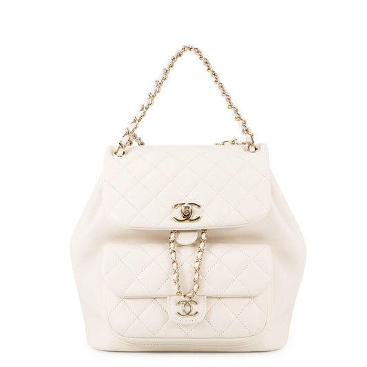 Chanel Quilted CC Logo Leather Backpack White