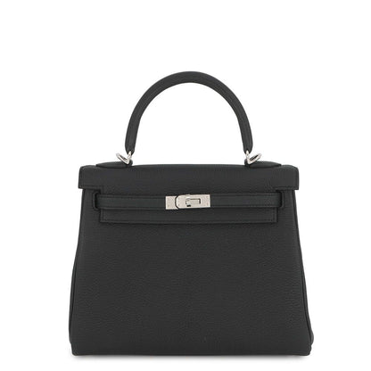 Hermes Handbag Kelly 25 Retourne Black Silver Togo 2-Way