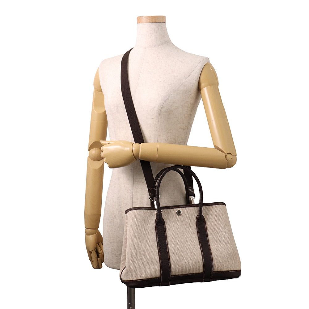 Hermes Tote Garden Party TPM Beige Brown Silver Toile Officier Buffalo 2-Way — view 5