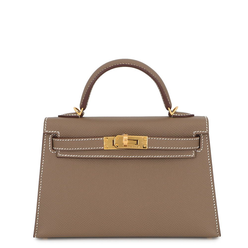 Hermes Handbag Mini Kelly Sellier Etoupe Gold Epsom 2-Way