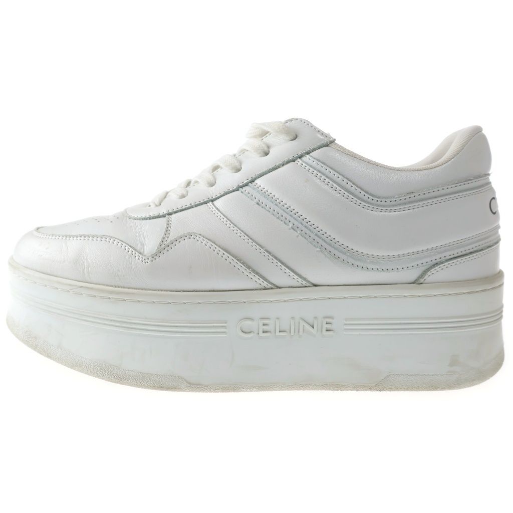 Celine Block Sneakers Leather Lace Up Wedge Outsole White