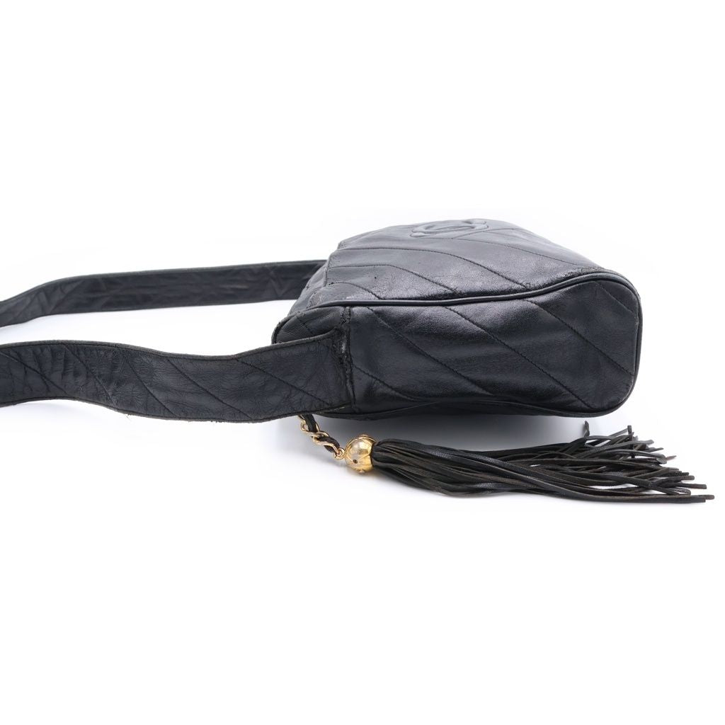 Chanel CC Logo Fringe Shoulder Bag Black Lambskin Gold — view 3