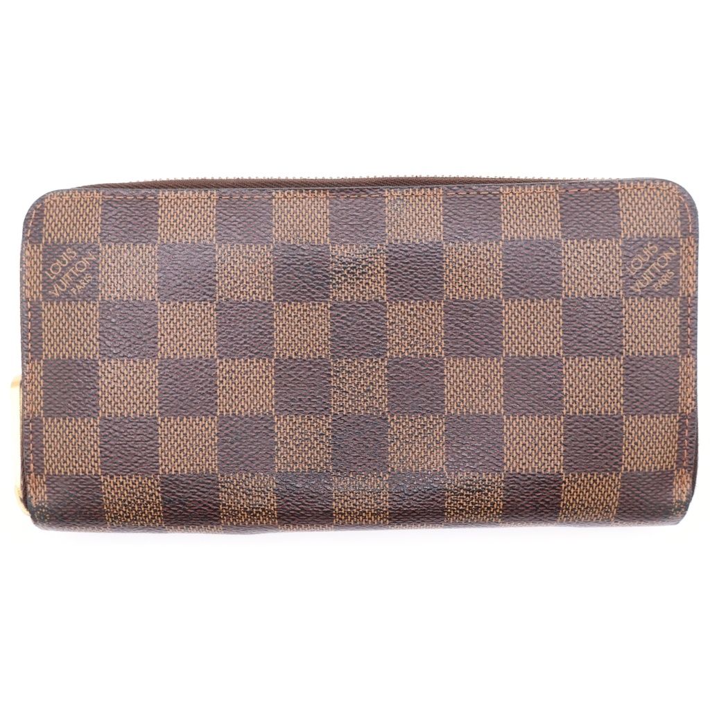Louis Vuitton Damier Zip Around Wallet Card Case Brown Leather Gold