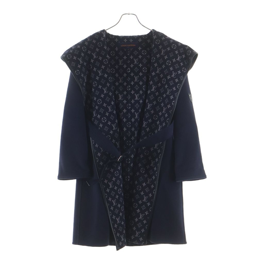 Louis Vuitton Lining Monogram All Over Wool Silk Hooded Wrap Coat Navy