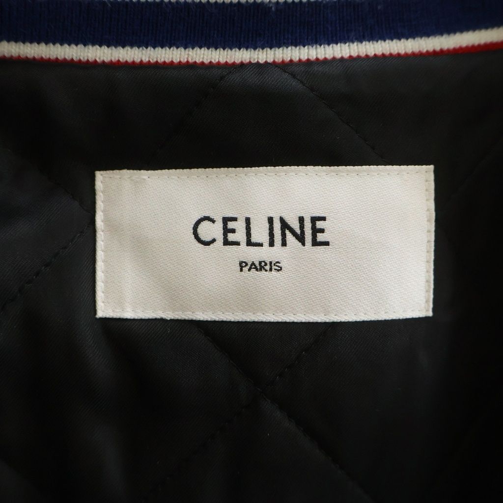 Celine Teddy Patch Logo Leather Wool Stadium Jacket Blue — view 7