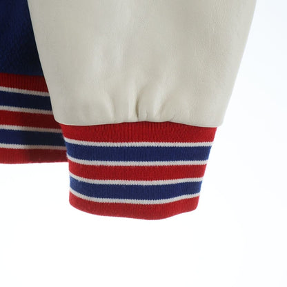 Celine Teddy Patch Logo Leather Wool Stadium Jacket Blue — view 6