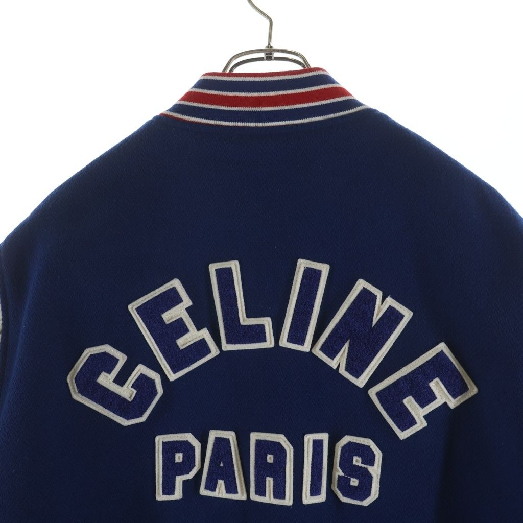 Celine Teddy Patch Logo Leather Wool Stadium Jacket Blue — view 4
