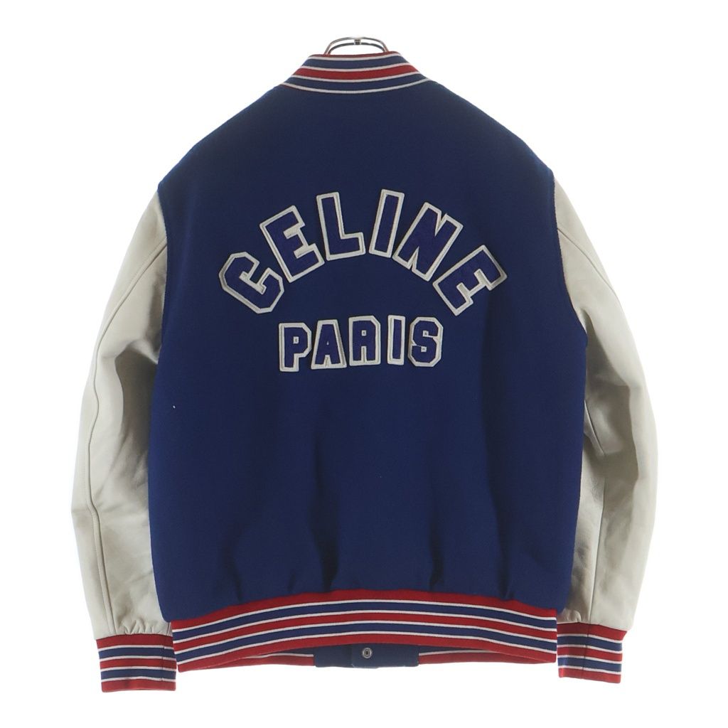 Celine Teddy Patch Logo Leather Wool Stadium Jacket Blue