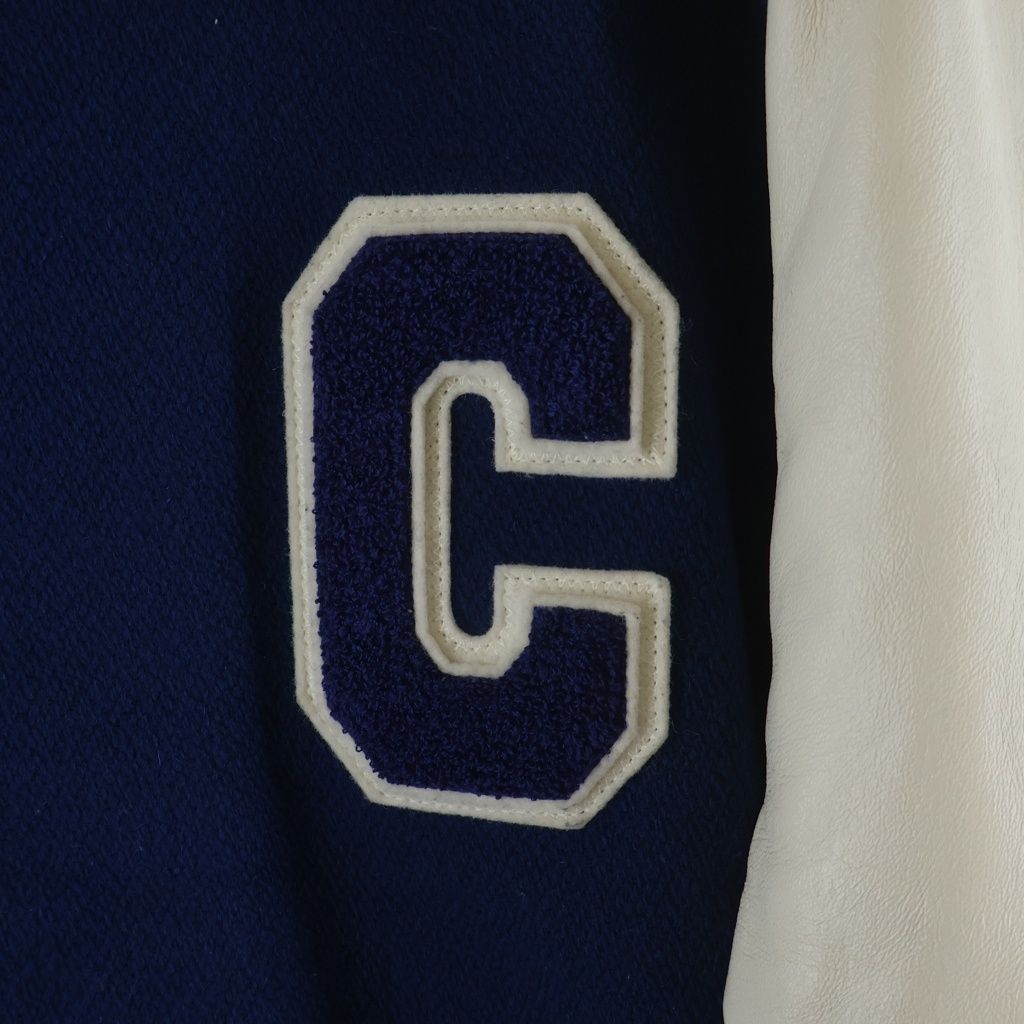 Celine Teddy Patch Logo Leather Wool Stadium Jacket Blue — view 5