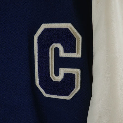Celine Teddy Patch Logo Leather Wool Stadium Jacket Blue — view 5