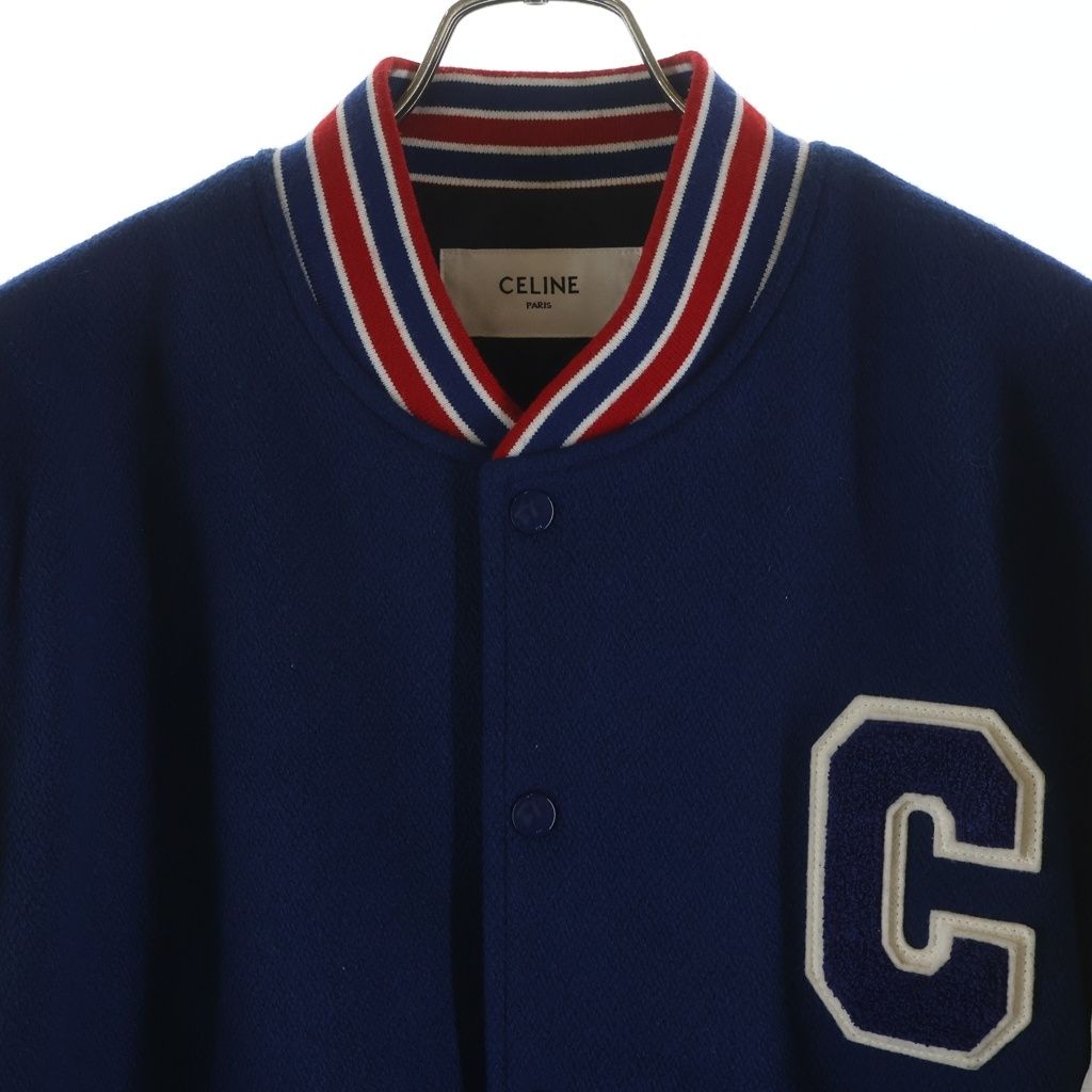 Celine Teddy Patch Logo Leather Wool Stadium Jacket Blue — view 3
