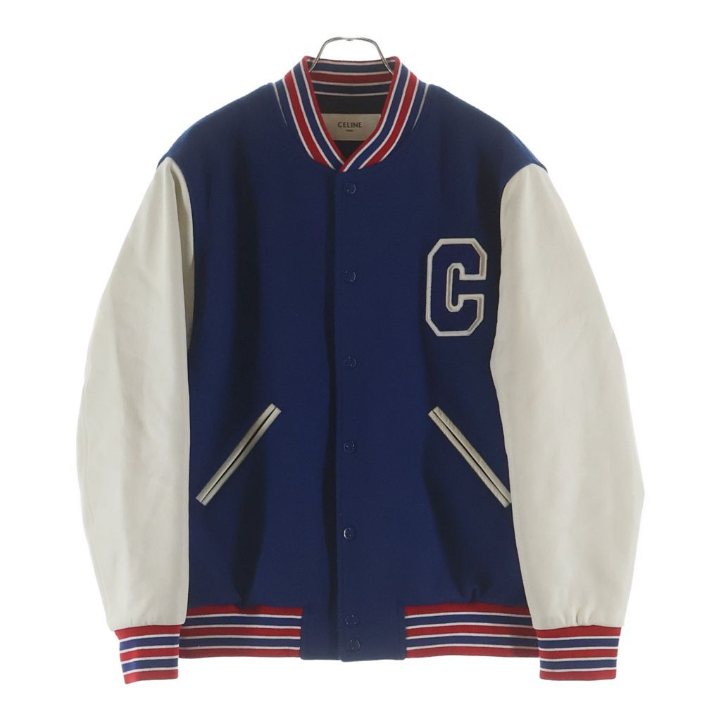 Celine Teddy Patch Logo Leather Wool Stadium Jacket Blue — view 2